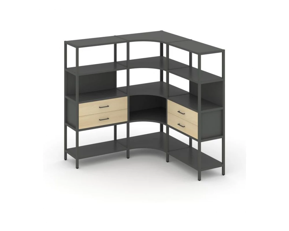 Трехсекционный угловой стеллаж четырехярусный с ящиками 1590х1590х1613 Shelf System