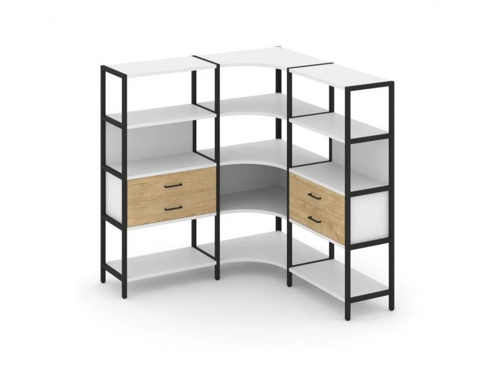 Трехсекционный угловой стеллаж четырехярусный с ящиками 1590х1590х1613 Shelf System