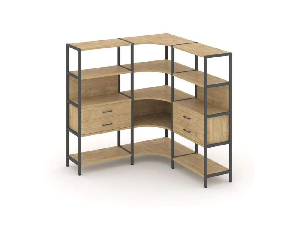 Трехсекционный угловой стеллаж четырехярусный с ящиками 1590х1590х1613 Shelf System