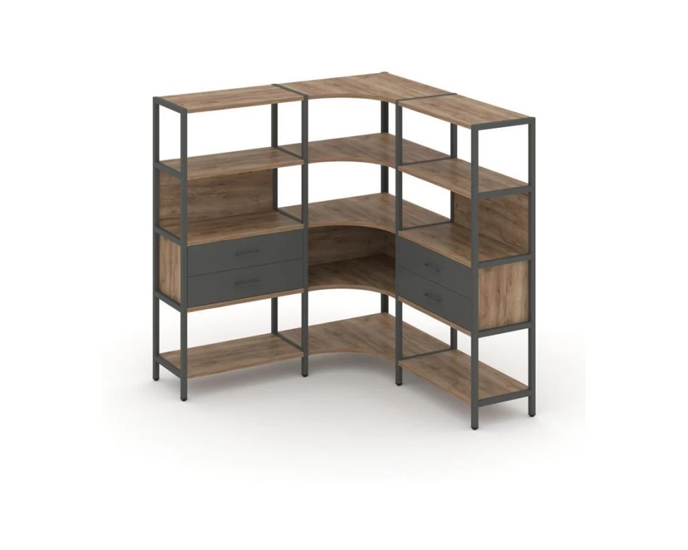 Трехсекционный угловой стеллаж четырехярусный с ящиками 1590х1590х1613 Shelf System