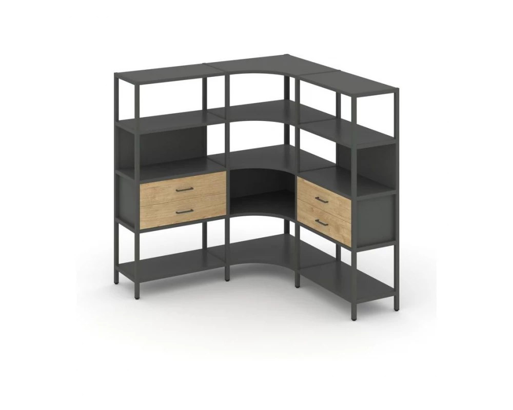 Трехсекционный угловой стеллаж четырехярусный с ящиками 1590х1590х1613 Shelf System