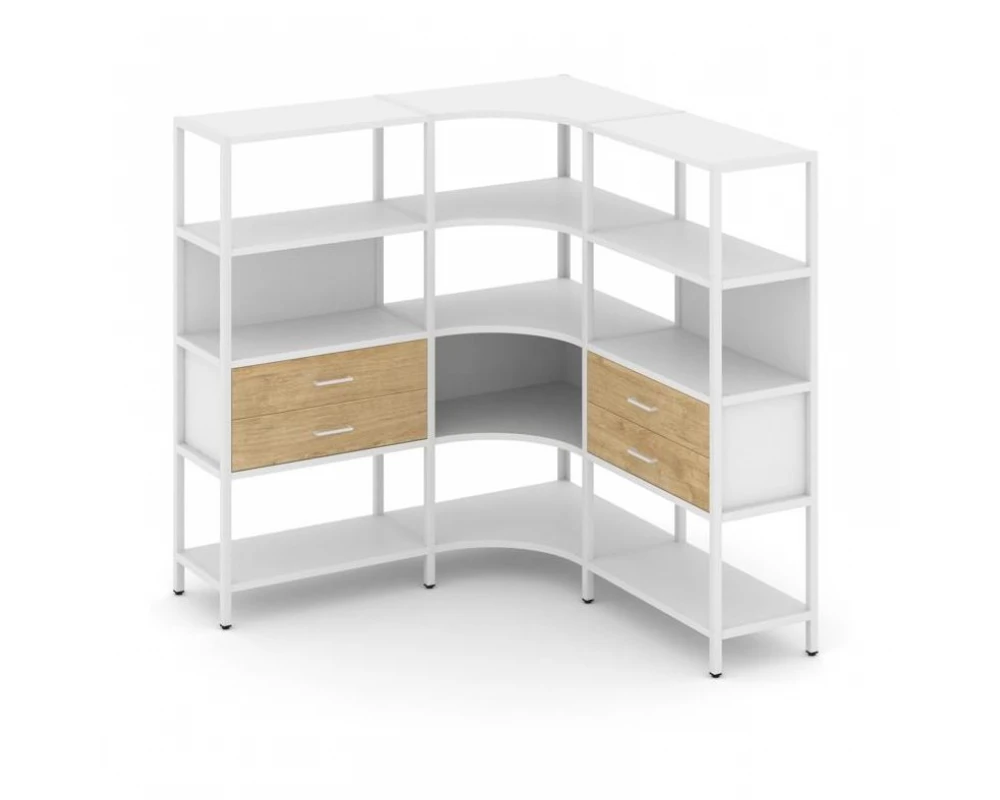 Трехсекционный угловой стеллаж четырехярусный с ящиками 1590х1590х1613 Shelf System