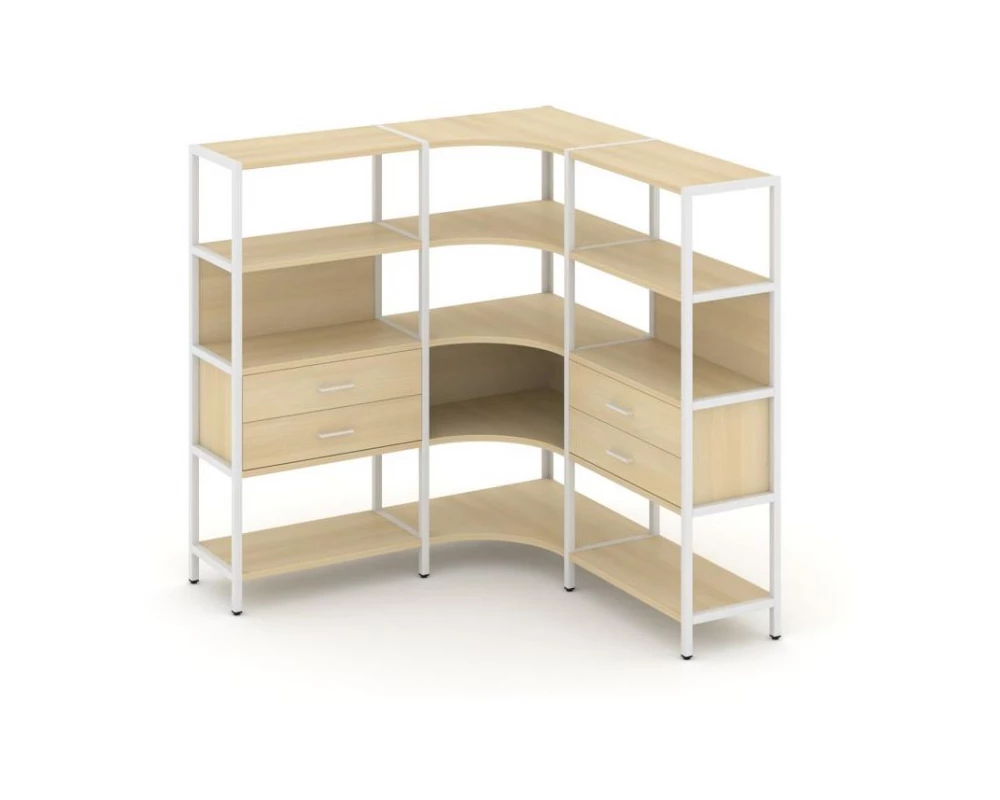 Трехсекционный угловой стеллаж четырехярусный с ящиками 1590х1590х1613 Shelf System
