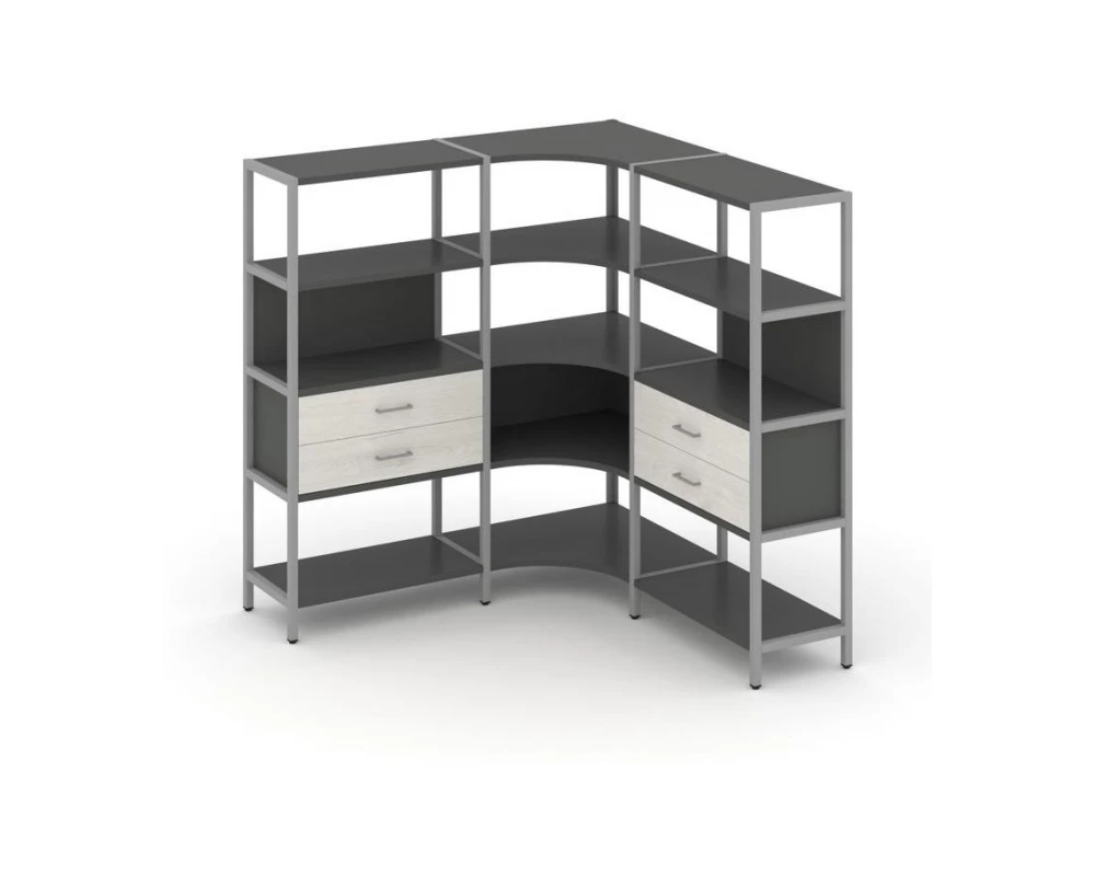 Трехсекционный угловой стеллаж четырехярусный с ящиками 1590х1590х1613 Shelf System