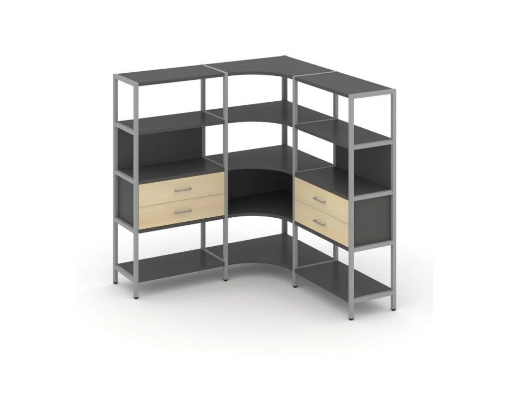 Трехсекционный угловой стеллаж четырехярусный с ящиками 1590х1590х1613 Shelf System