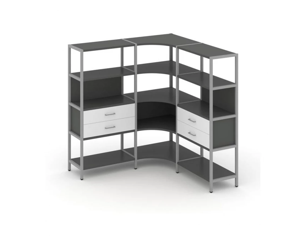 Трехсекционный угловой стеллаж четырехярусный с ящиками 1590х1590х1613 Shelf System