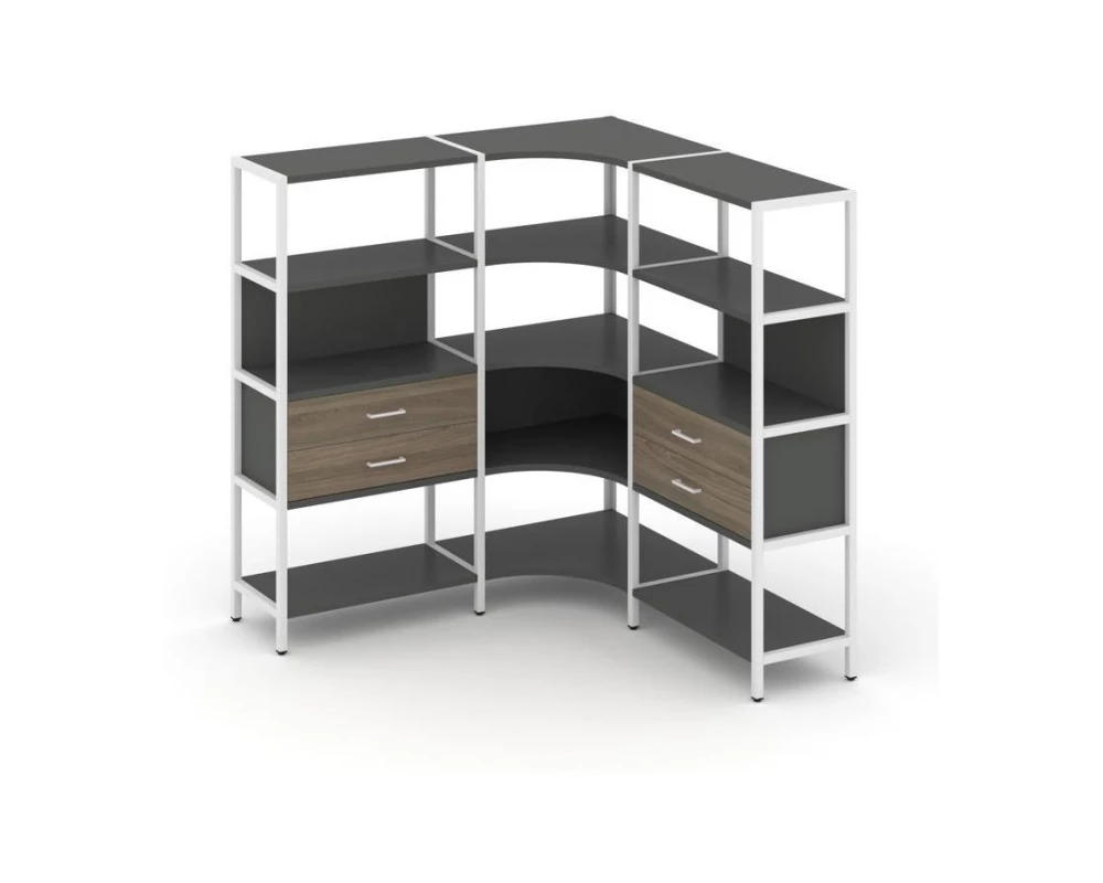Трехсекционный угловой стеллаж четырехярусный с ящиками 1590х1590х1613 Shelf System