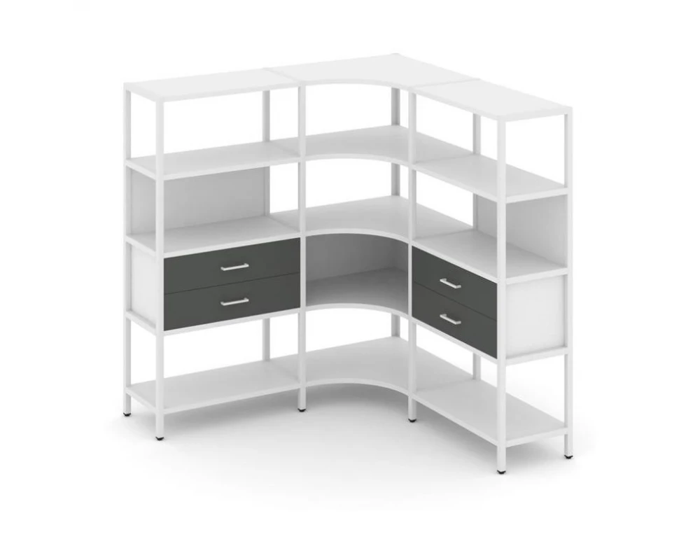 Трехсекционный угловой стеллаж четырехярусный с ящиками 1590х1590х1613 Shelf System