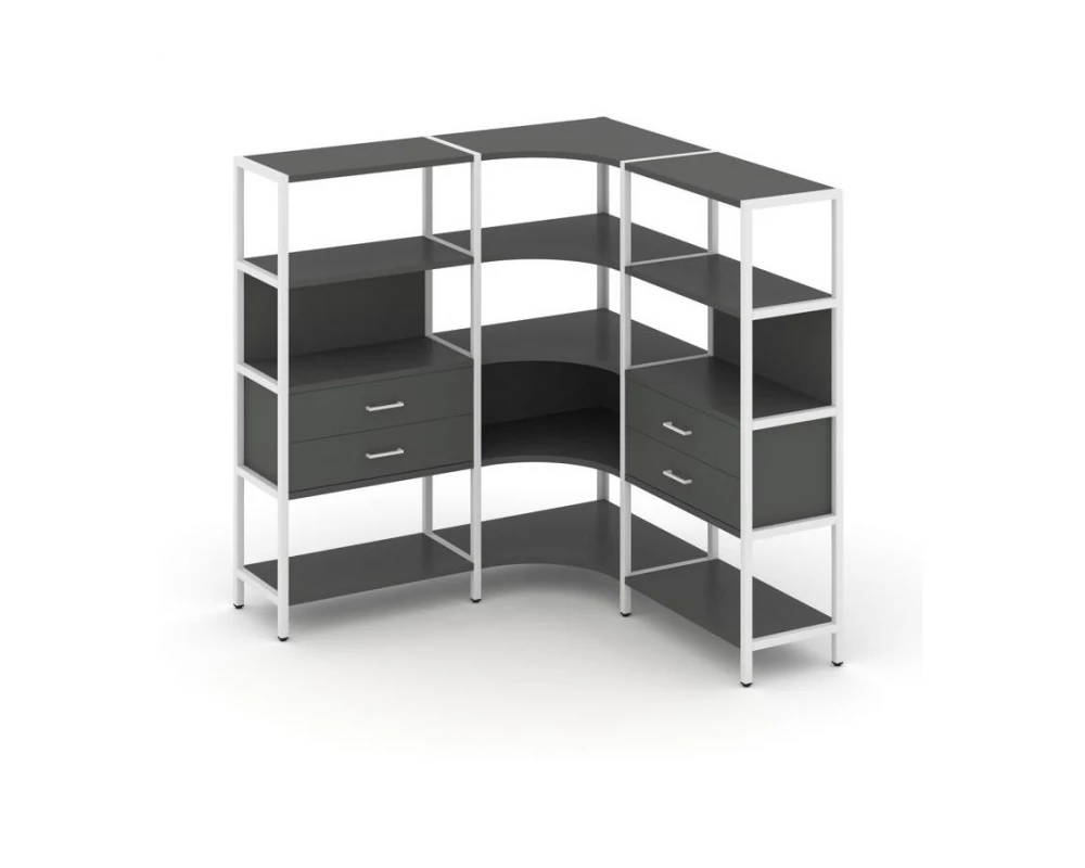 Трехсекционный угловой стеллаж четырехярусный с ящиками 1590х1590х1613 Shelf System