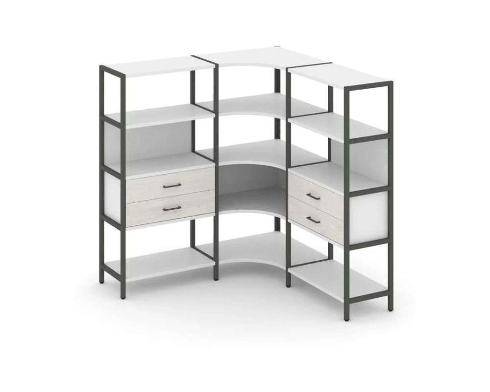 Трехсекционный угловой стеллаж четырехярусный с ящиками 1590х1590х1613 Shelf System
