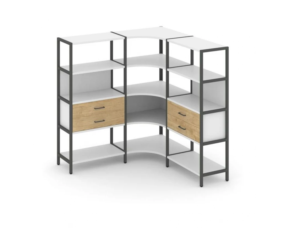 Трехсекционный угловой стеллаж четырехярусный с ящиками 1590х1590х1613 Shelf System