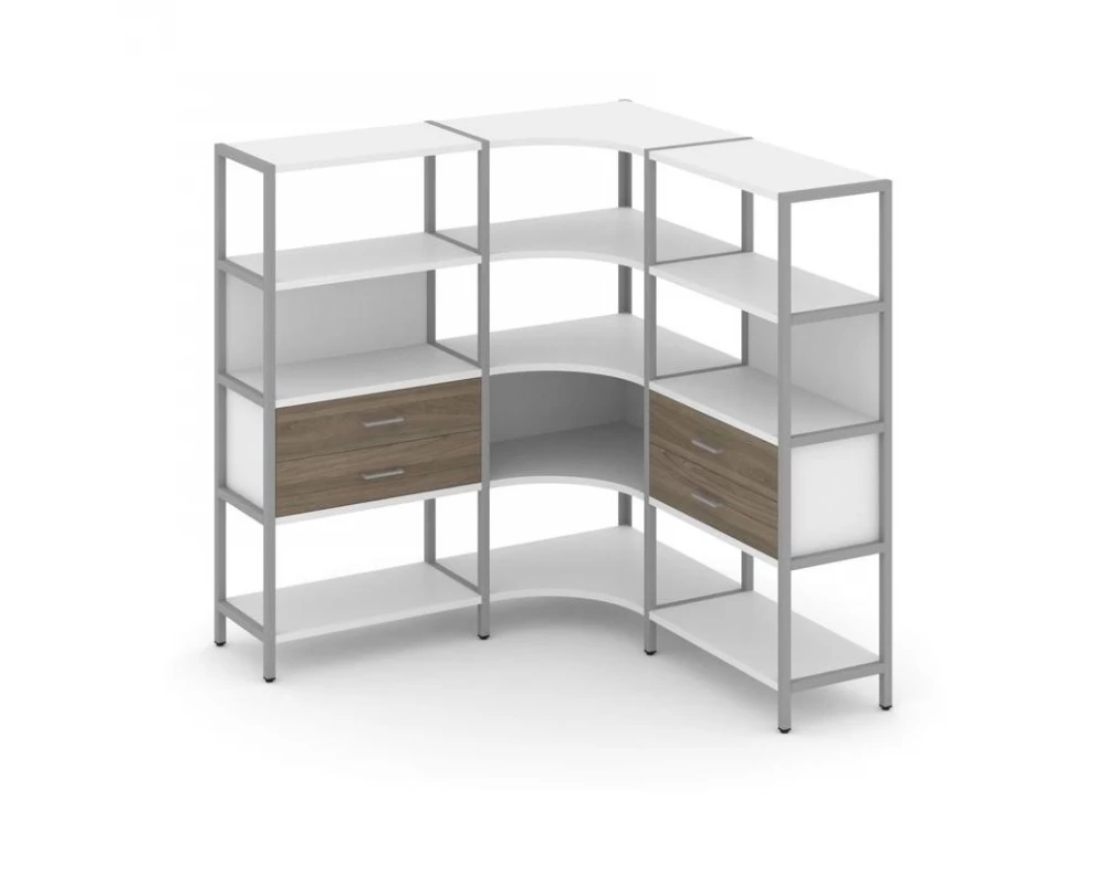 Трехсекционный угловой стеллаж четырехярусный с ящиками 1590х1590х1613 Shelf System